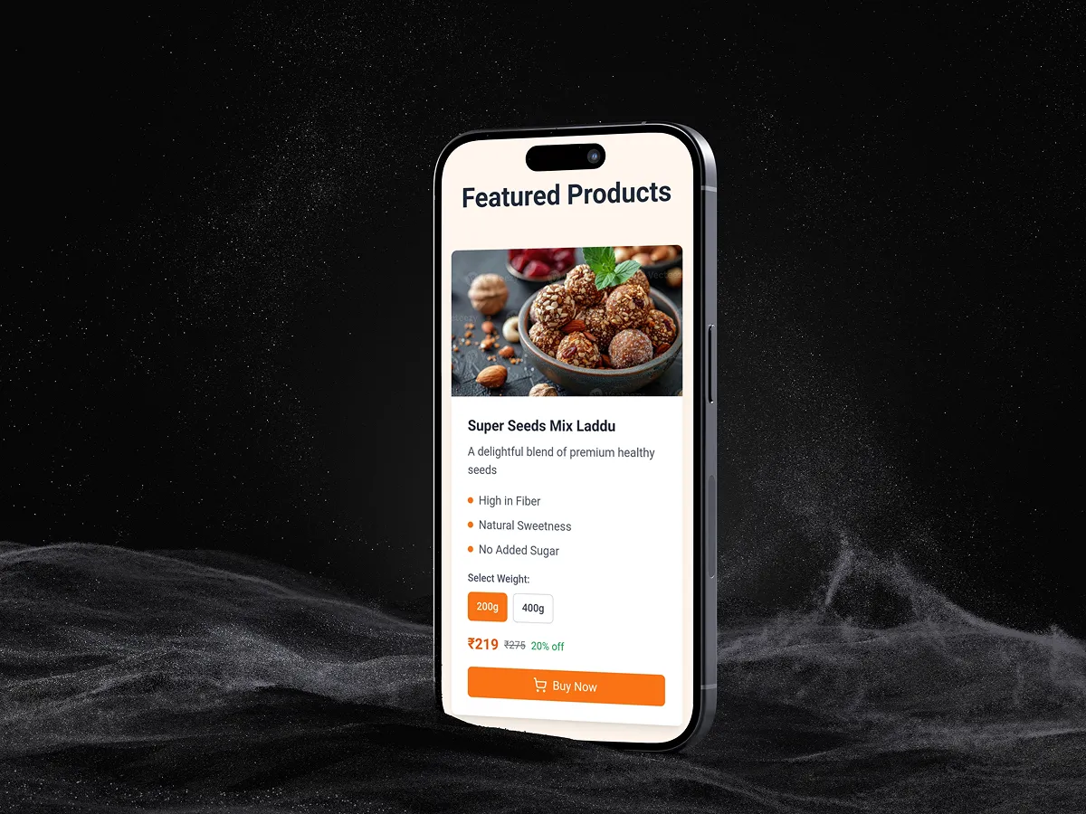 Healthy Bits brochure spread featuring product packaging and ingredient callouts