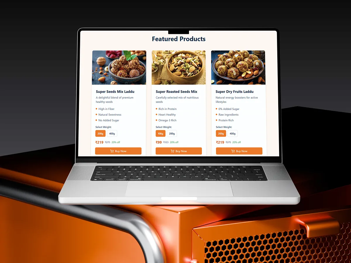 Healthy Bits featured products displayed on a laptop screen