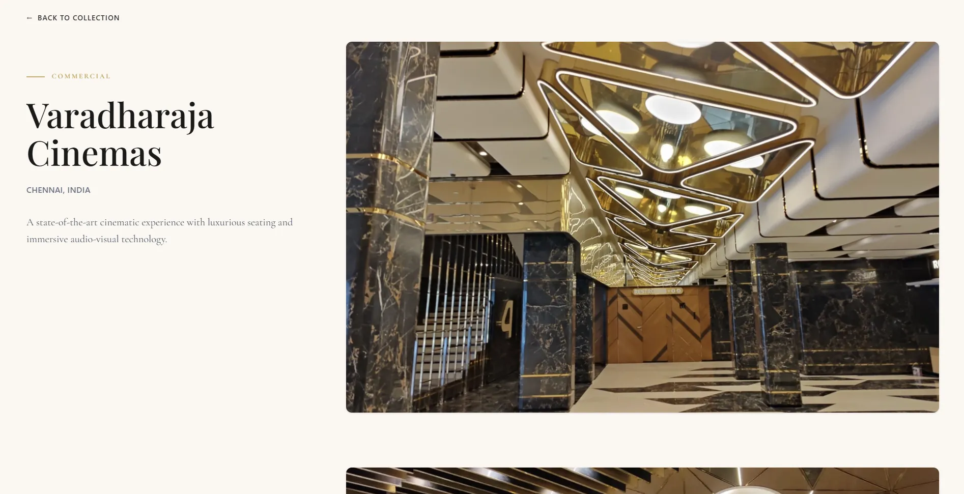Mira Interiors featured project cards section with cinema interior projects