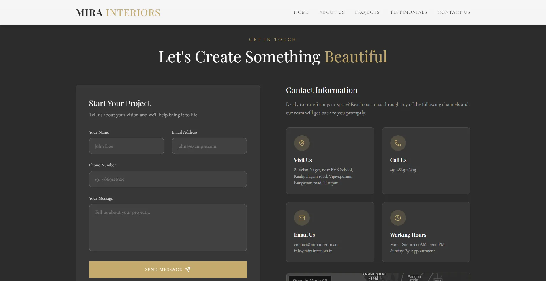 Mira Interiors featured project cards section with cinema interior projects